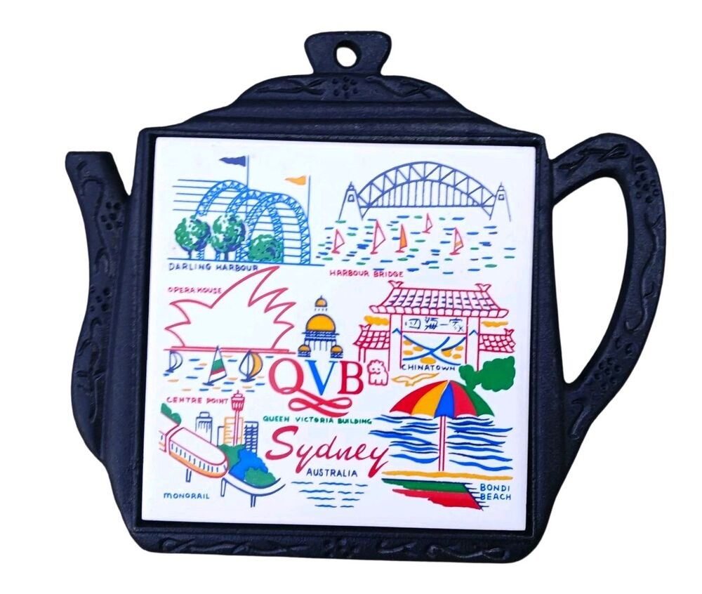 VTG Sydney Australia Tile Trivet Cast Metal Teapot Shape Frame Travel Souvenir